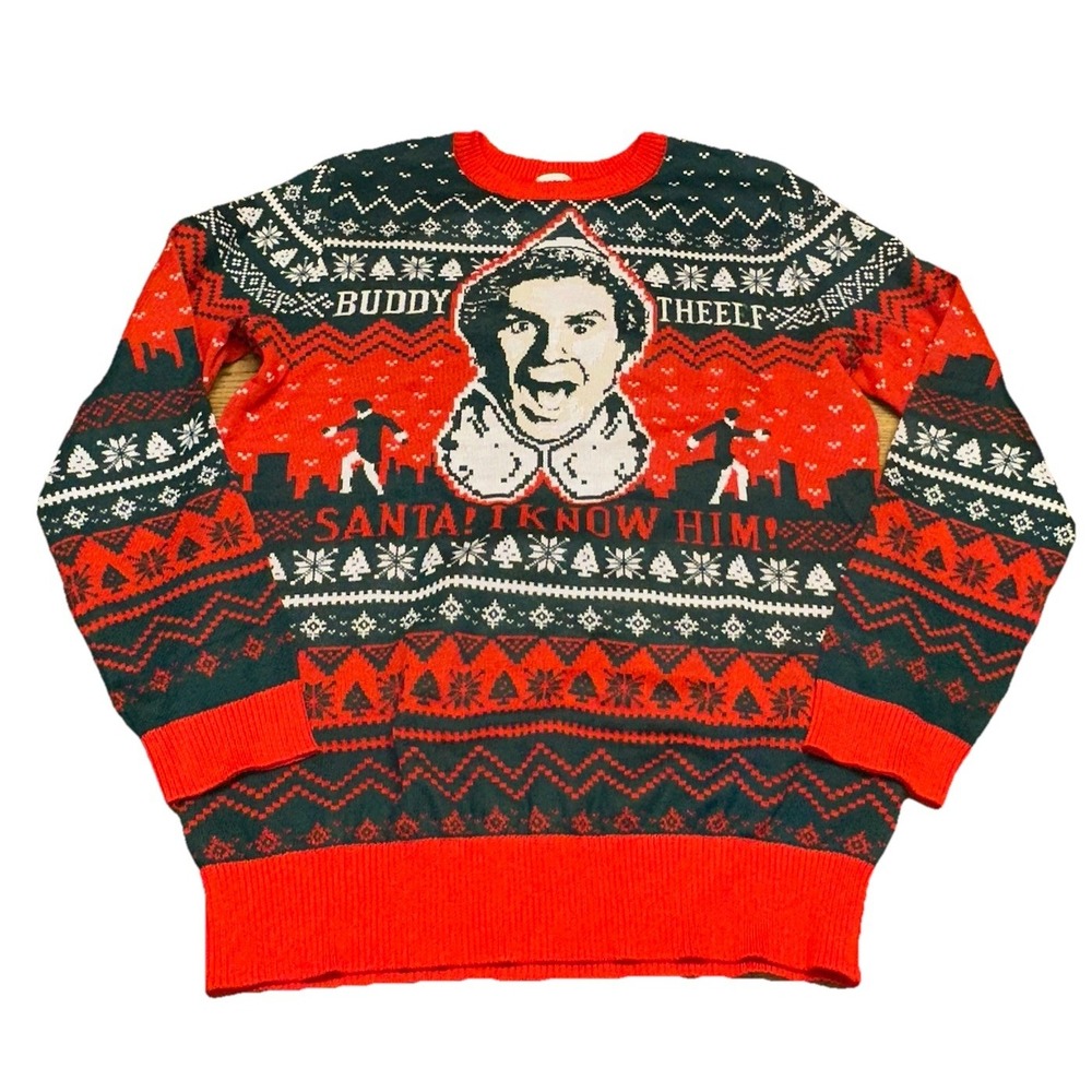 Buddy The Elf Movie Santa I Know Him Pullover Crewneck Christmas Sweater‎ Mens S